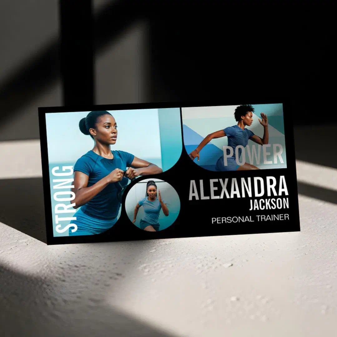 Trendy Wavy Photo Frame Personal Trainer Fitness Black Business Card