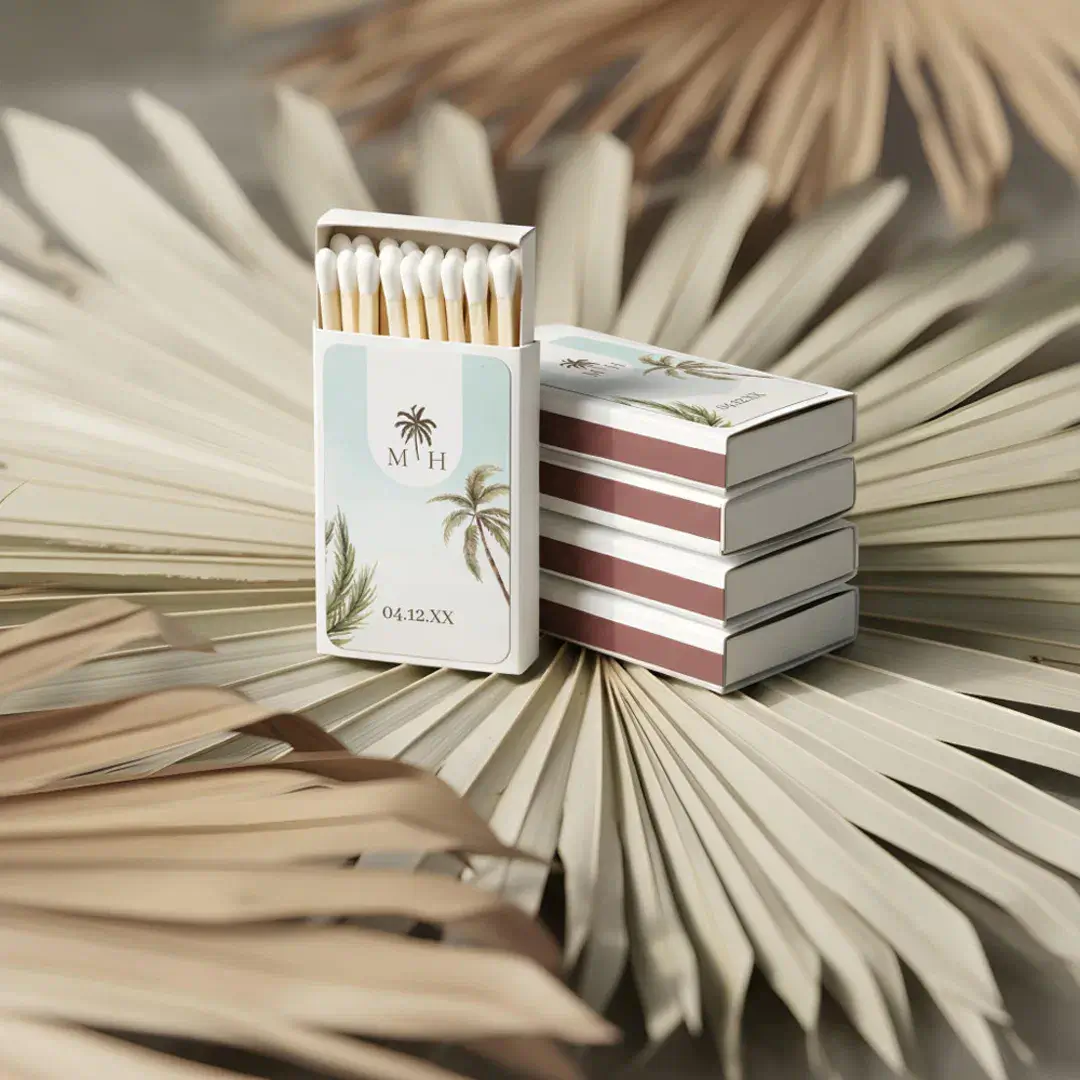 Tropical Watercolor Palm Trees Wedding Monogram Matchboxes