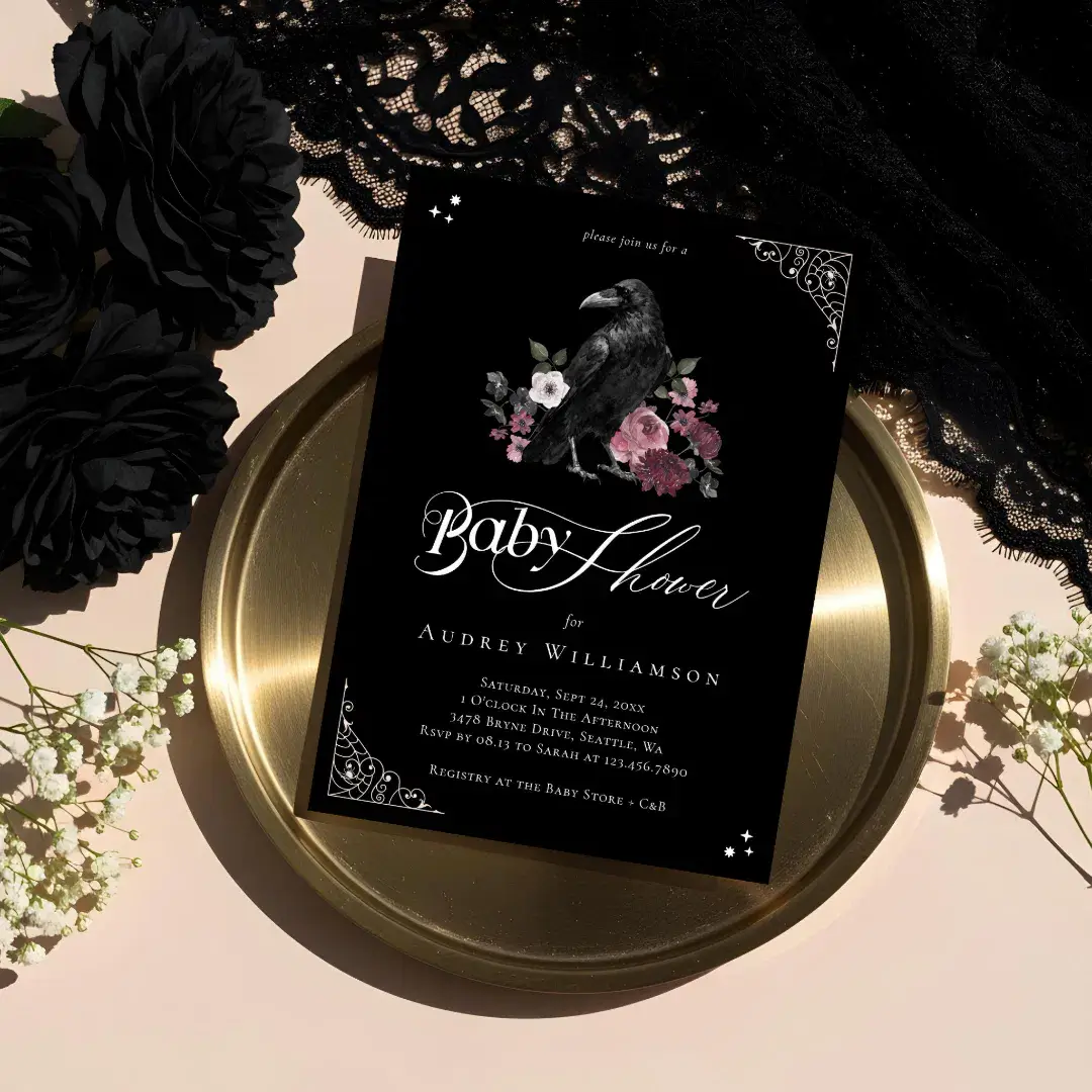 Vintage Floral Gothic Black Crow Baby Shower Invitation