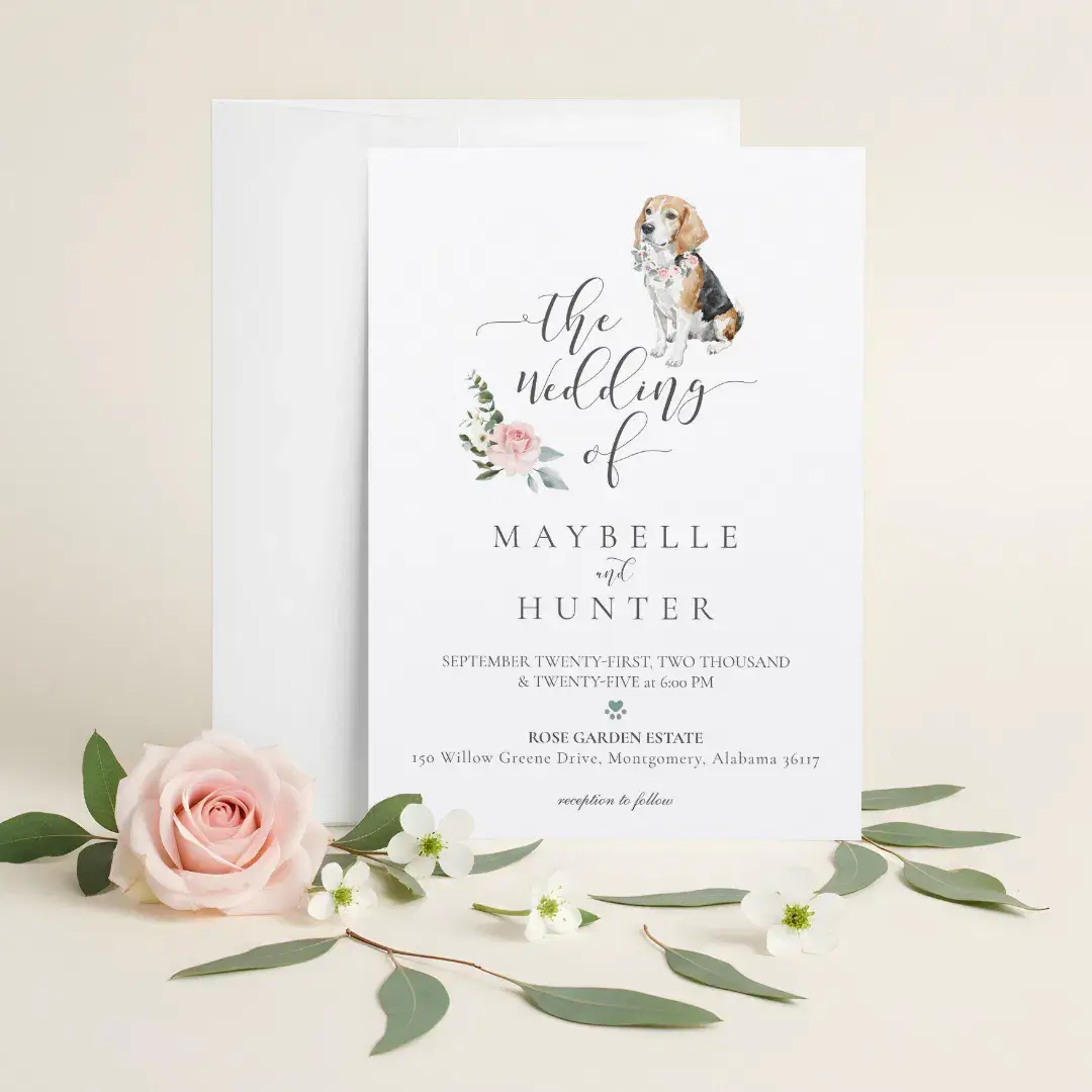 Watercolor Beagle Dog Pet & Floral Pink Rose Invitation