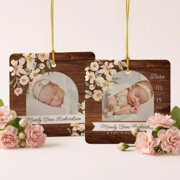 Watercolor Floral Woodgrain Baby Birth Stats Photo Ceramic Ornament
