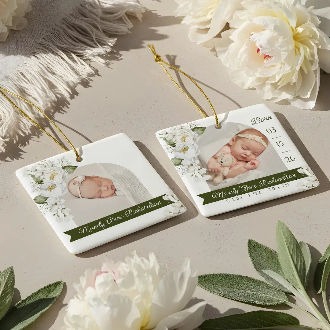 Watercolor Peony Floral Baby Birth Stats Photo Ceramic Ornament