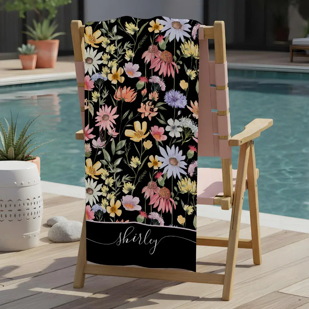 Watercolor Wildflower Botanical Floral Script Name Beach Towel