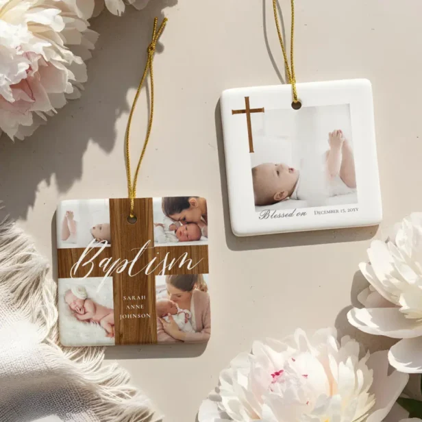 Woodgrain Baptism Calligraphy Photo Collage Baby Ceramic Ornament