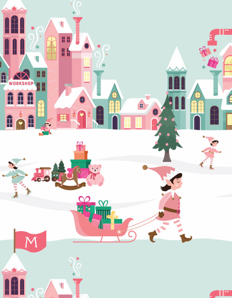 North Pole Elf Workshop Santa Claus Pink Village Wrapping Paper