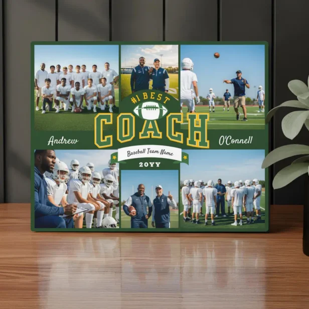 #1 Best Football Coach Photo Appreciation Gift Green Plaque