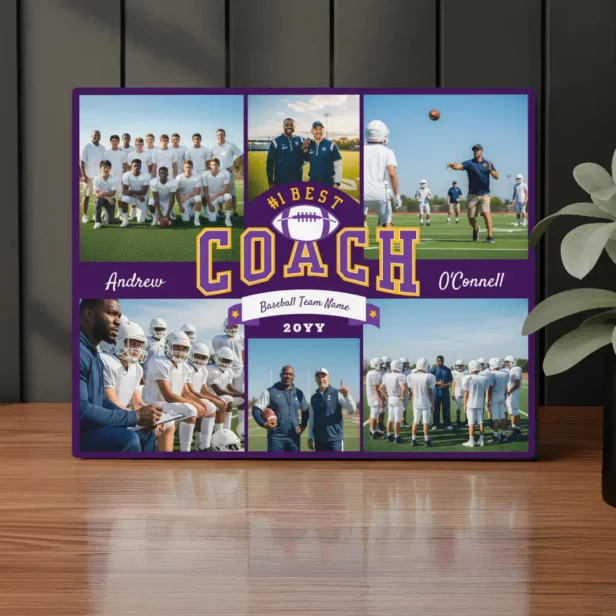 #1 Best Football Coach Photo Appreciation Gift Purple Plaque