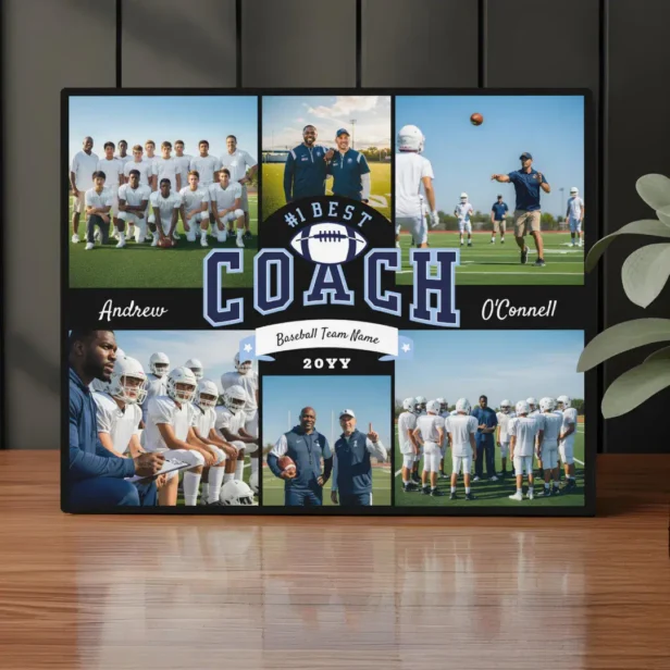 #1 Best Football Coach Photo Appreciation Gift Black & Navy Plaque