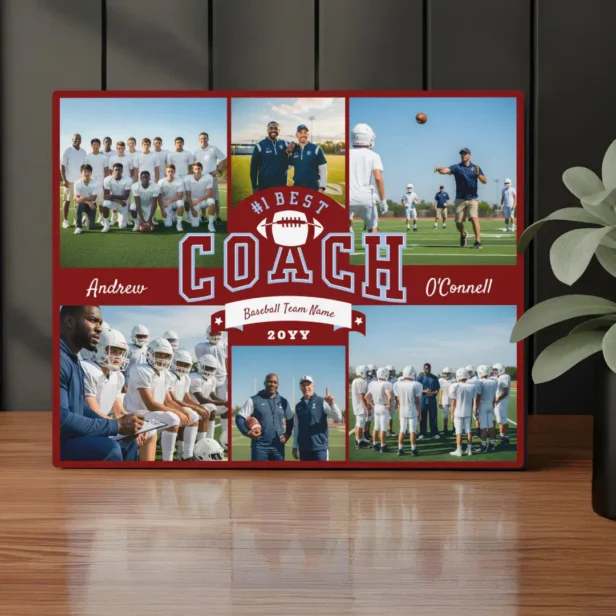 #1 Best Football Coach Photo Appreciation Gift Red Plaque