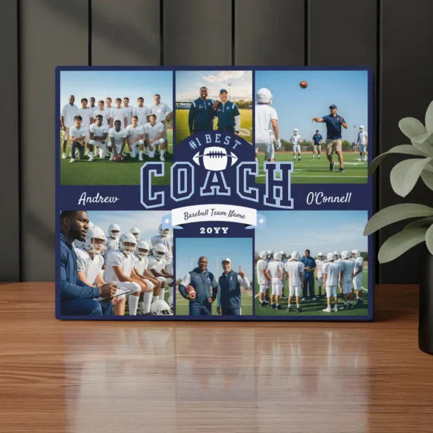 #1 Best Football Coach Photo Appreciation Gift Navy Plaque
