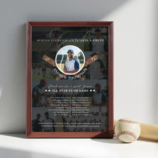 Baseball Coach Appreciation Team Photo Collage Award Black Blue Plaque