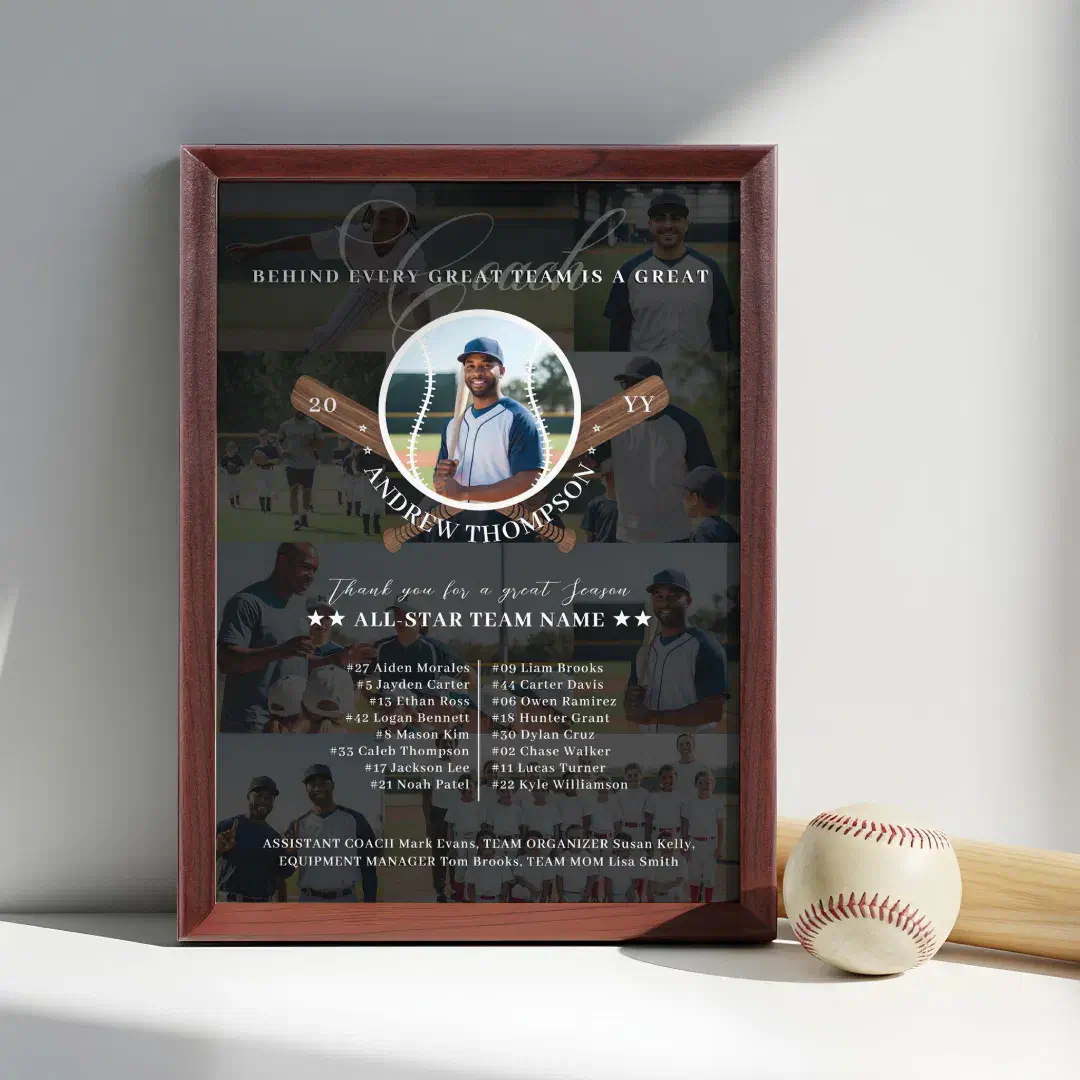 Baseball Coach Appreciation Team Photo Collage Award Black Blue Plaque