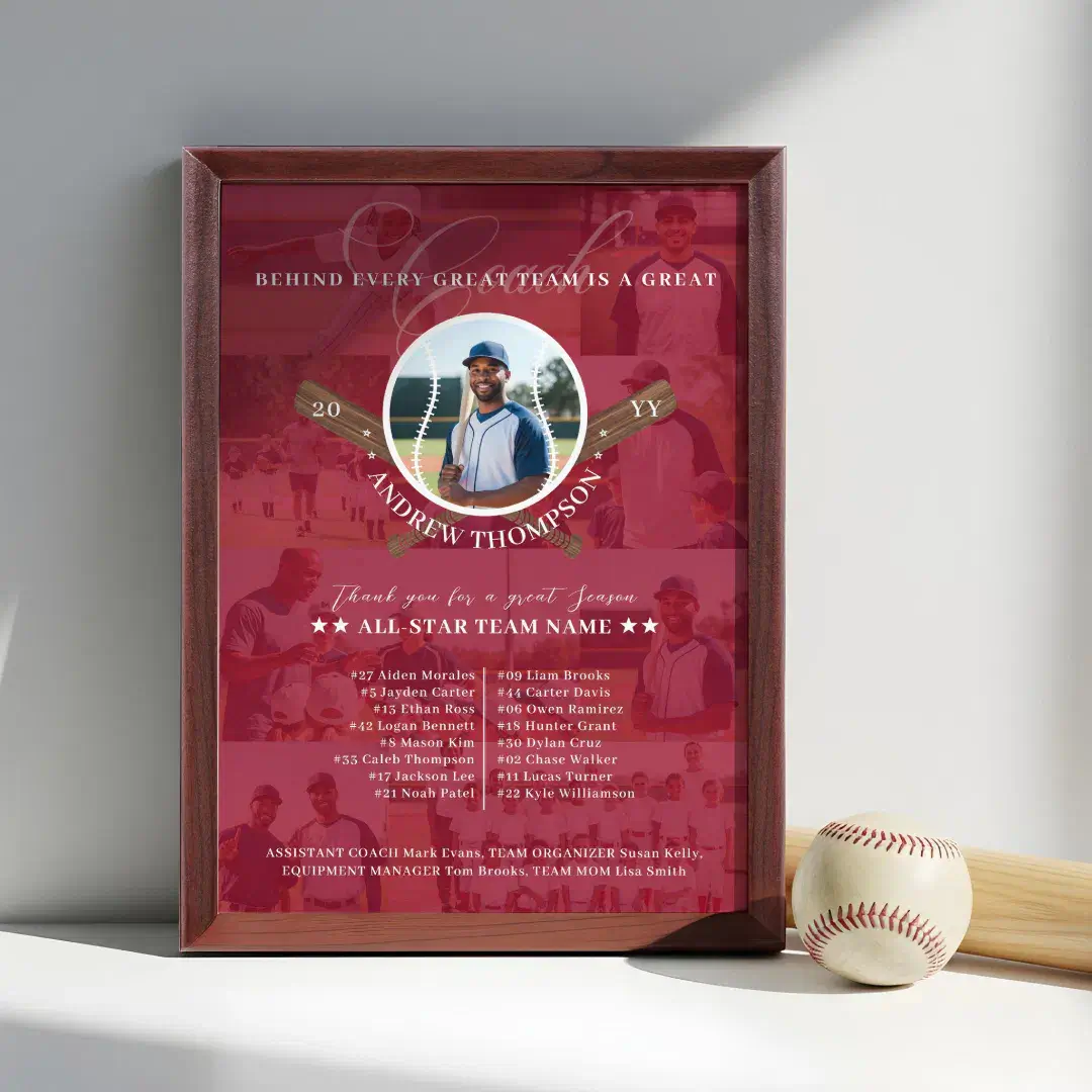 Baseball Coach Appreciation Team Photo Collage Award Black Red Plaque