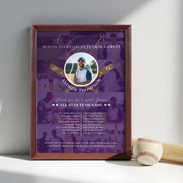 Baseball Coach Appreciation Team Photo Collage Award Purple Red Plaque
