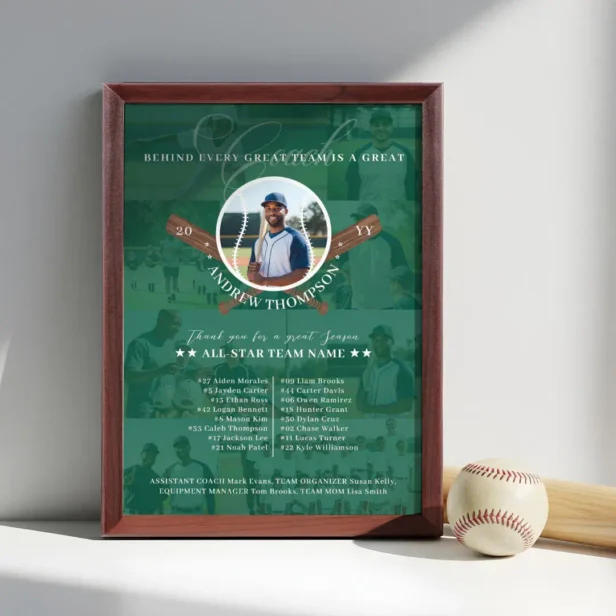 Baseball Coach Appreciation Team Photo Collage Award Green Plaque