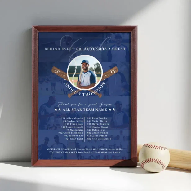 Baseball Coach Appreciation Team Photo Collage Award Navy Blue Plaque