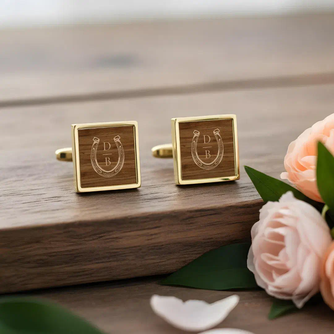 Classy Rustic Woodgrain Western Horseshoe Monogram Cufflinks