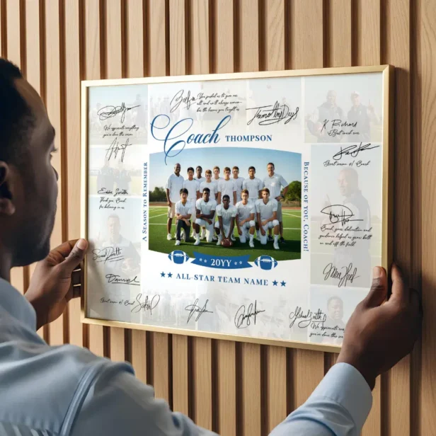 Blue Coach Appreciation Photo Collage Team Signature Poster