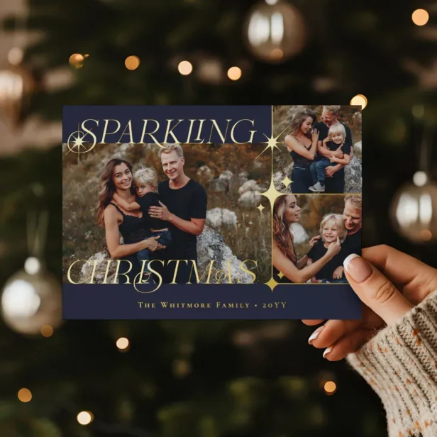 Elegant Christmas Sparkle Photo Collage Christmas Foil Plum Holiday Card