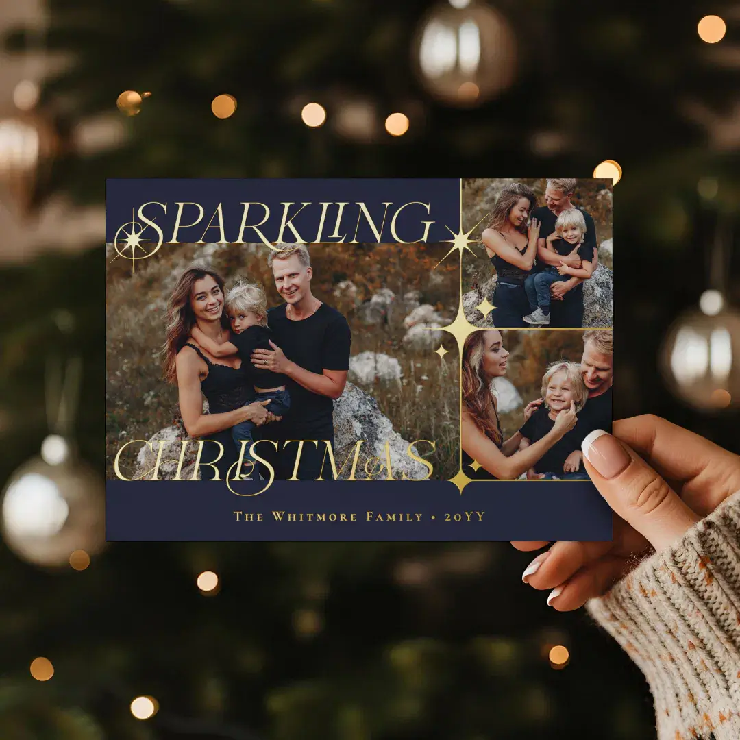 Elegant Christmas Sparkle Photo Collage Christmas Foil Plum Holiday Card