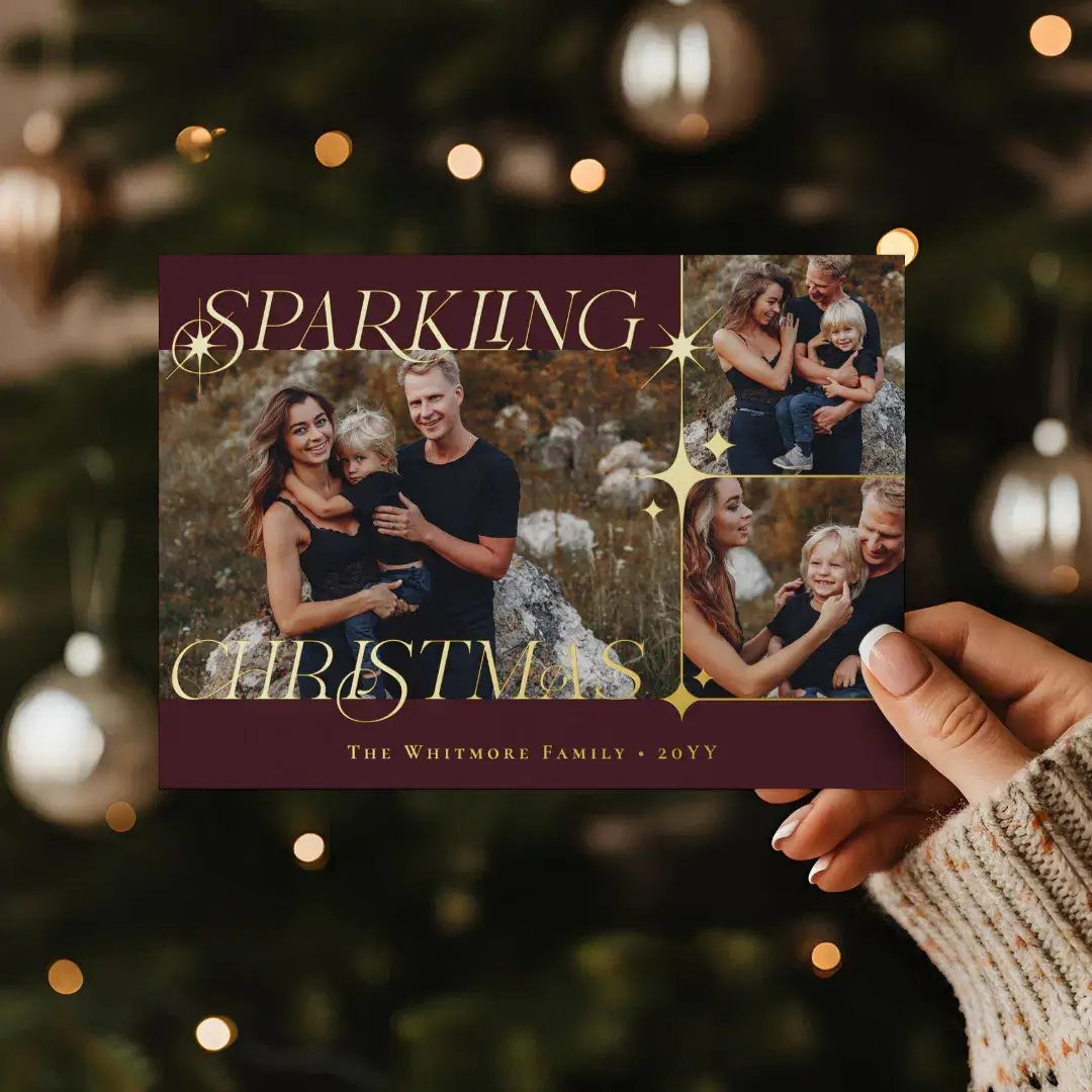 Elegant Christmas Sparkle Photo Collage Christmas Foil Burgundy Holiday Card