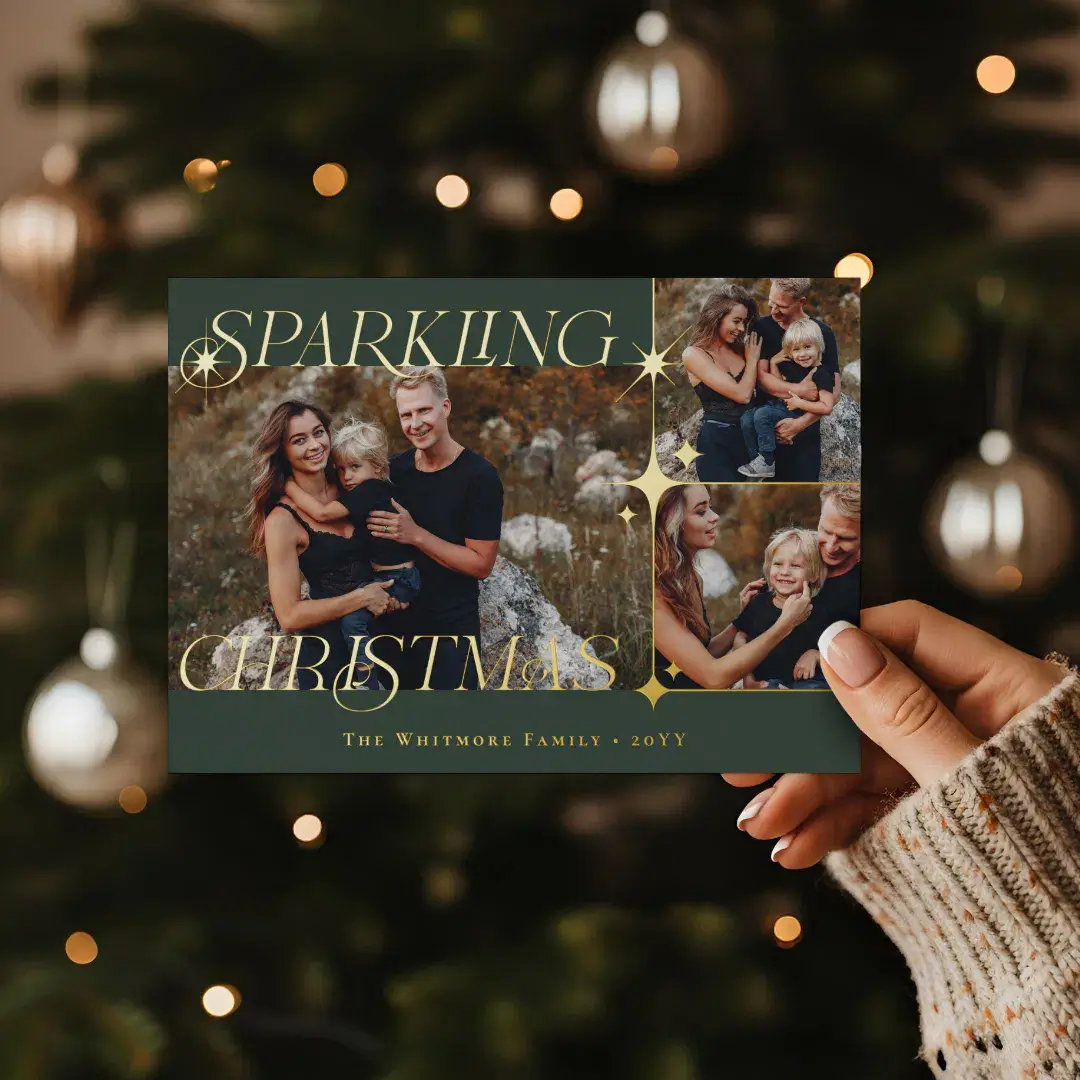 Elegant Christmas Sparkle Photo Collage Christmas Foil Holiday Card