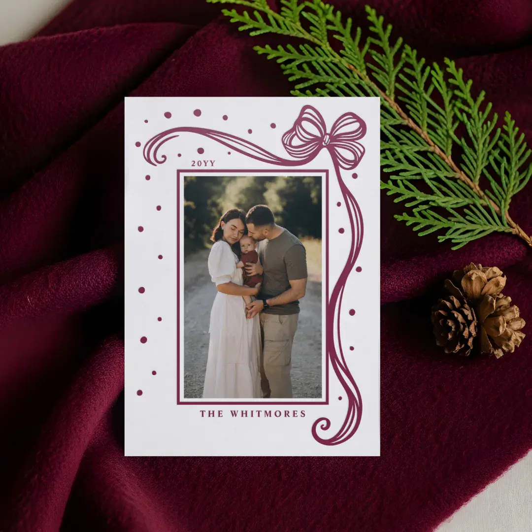 Elegant Hand Drawn Bow & Ribbon Frame Christmas Letterpress Photo Cards