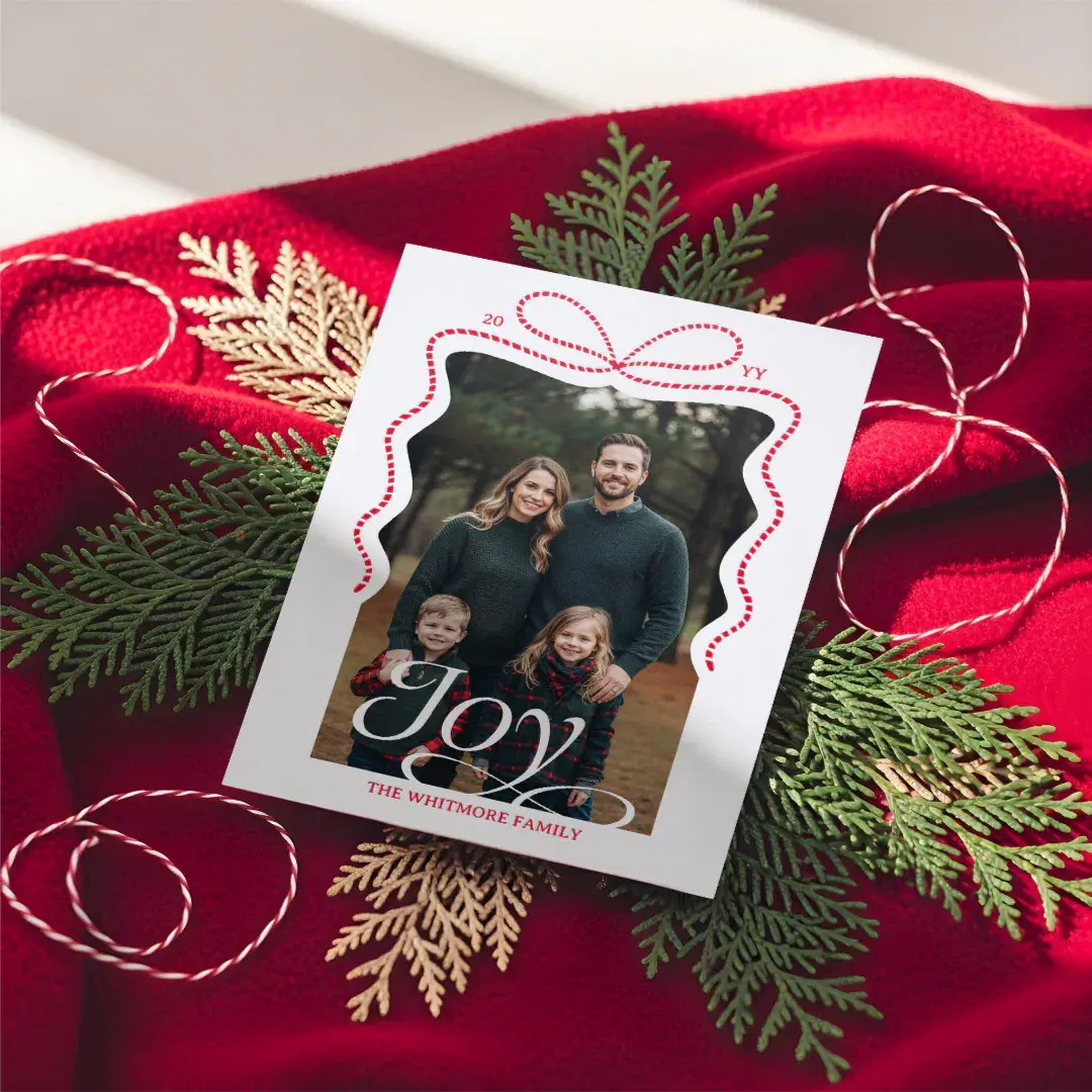 Elegant Joy Hand Drawn Bow Ribbon Modern Christmas Letterpress Photo Cards