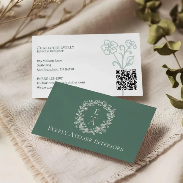 Elegant Luxury Boutique Floral Monogram Green Crest Logo Business Card