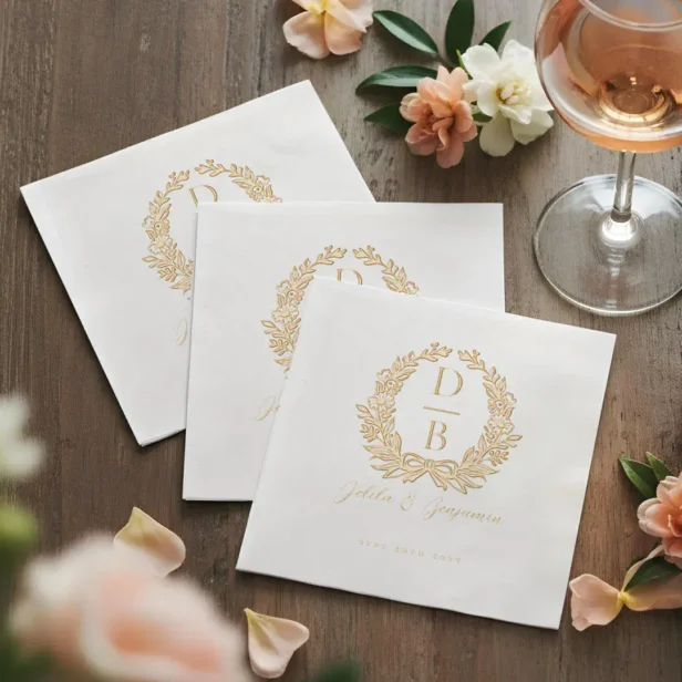 Elegant Luxury Floral Wreath Wedding Monogram Foil Napkins