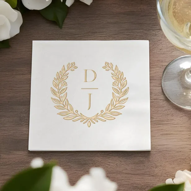 Elegant Luxury Hand Drawn Wreath Wedding Monogram Foil Napkins