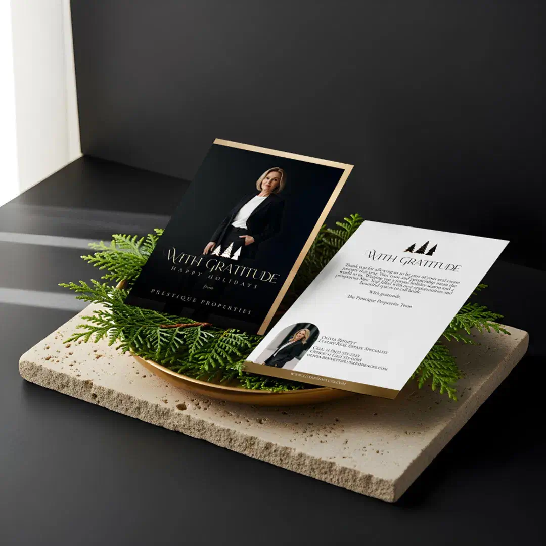 Elegant Luxury Real Estate Modern Gold Black Happy Holiday Card