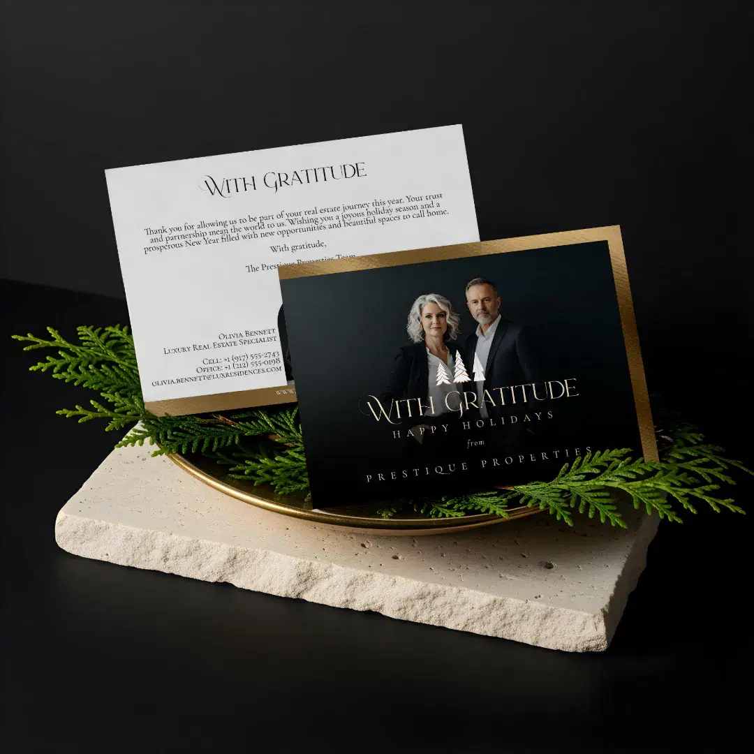 Elegant Luxury Real Estate Modern Gold Black Happy Holiday Card