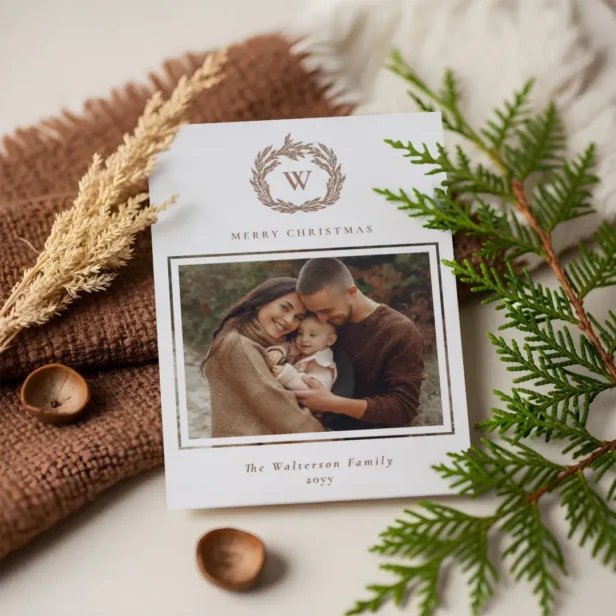 Elegant Minimal Monogram Christmas Wreath Photo Letterpress Photo Cards