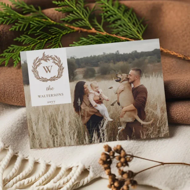 Elegant Monogram Garland Wreath Photo Christmas Letterpress Photo Cards