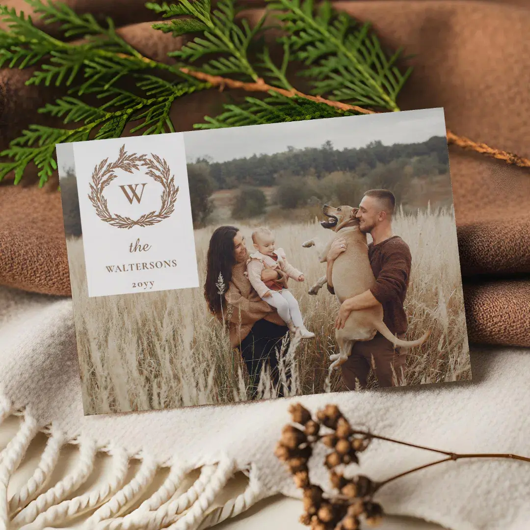 Elegant Monogram Garland Wreath Photo Christmas Letterpress Photo Cards
