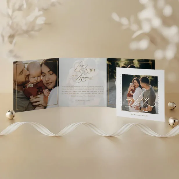 Elegant Script Joy in Every Moment Photo Collage Tri-Fold White Holiday Card