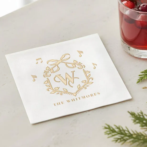 Elegant Whimsical Christmas Monogram Crest Bow Foil Napkins