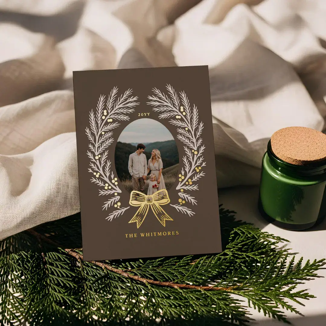 Elegant Winter Pine Tree Wreath Bow Photo Frame Foil Brown Holiday Card