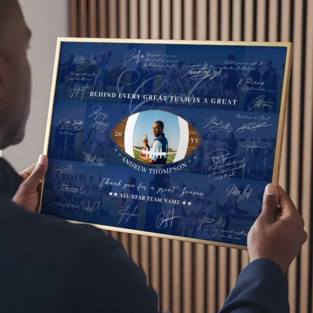 Football Coach Appreciation Collage Team Signature Blue Poster