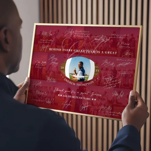 Football Coach Appreciation Collage Team Signature Red Poster