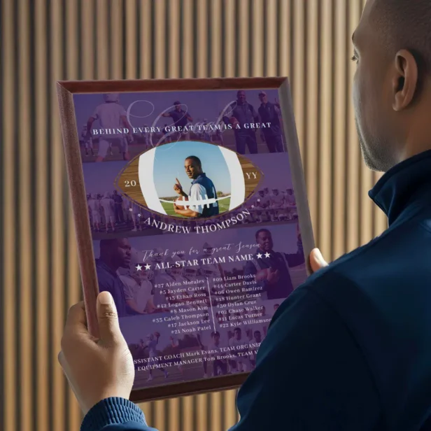 Football Coach Appreciation Team Photo Collage Purple Award Plaque