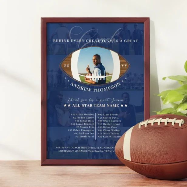 Football Coach Appreciation Team Photo Collage Blue Award Plaque