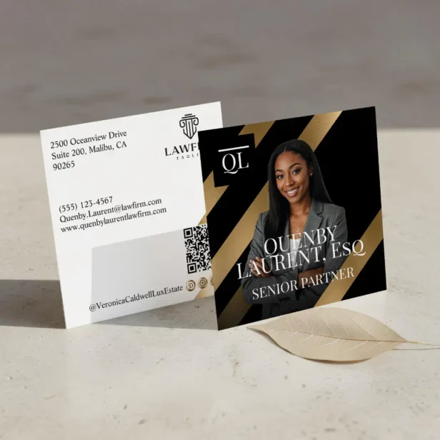 Gold Luxury Lawyer Law Firm Photo Monogram Luxe Square Black Business Card