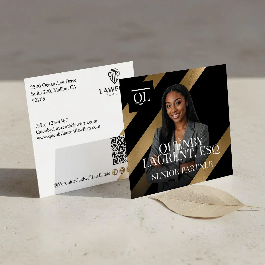 Gold Luxury Lawyer Law Firm Photo Monogram Luxe Square Black Business Card