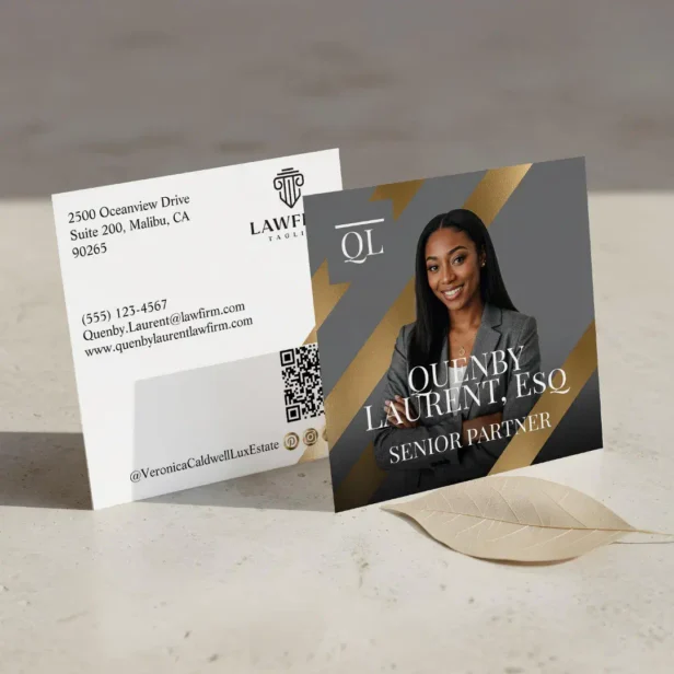 Gold Luxury Lawyer Law Firm Photo Monogram Luxe Square Grey Business Card