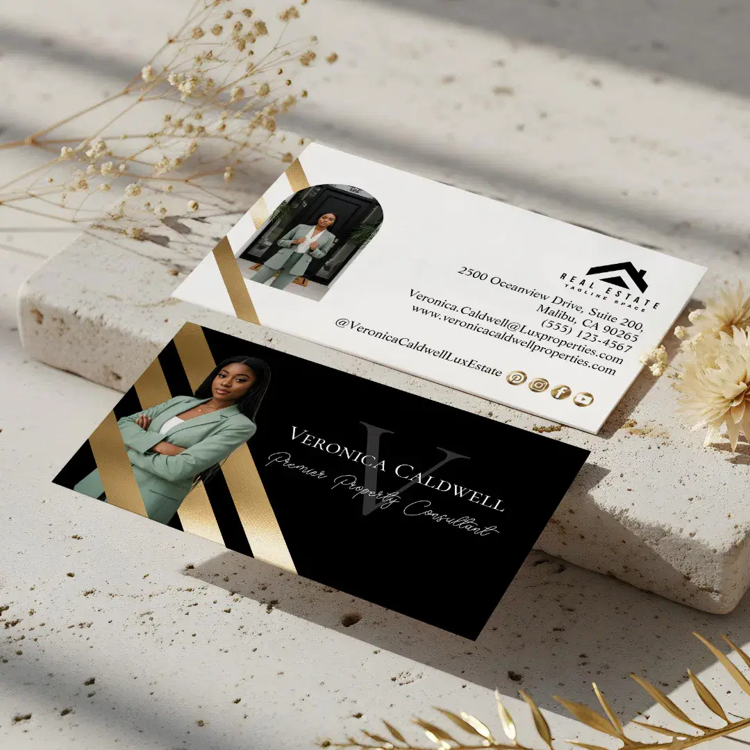 Gold Luxury Real Estate Agent Photo Monogram Luxe Black Business Card