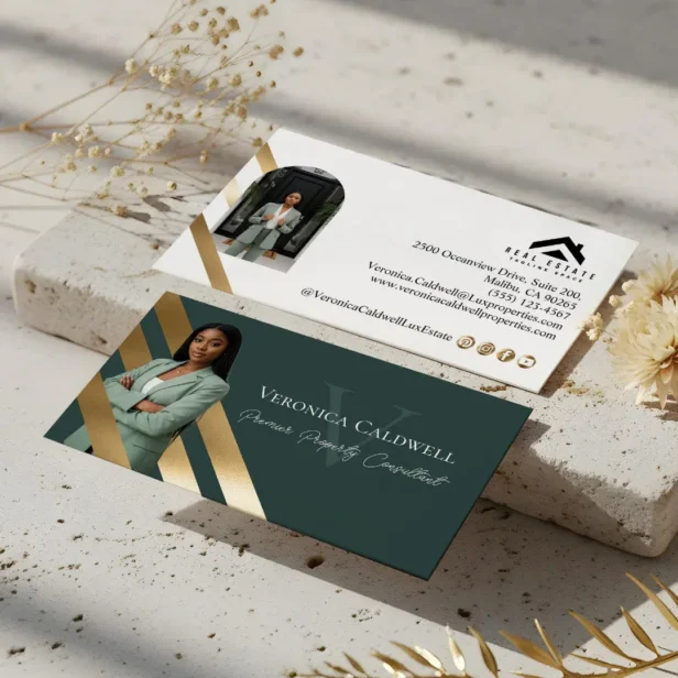Gold Luxury Real Estate Agent Photo Monogram Luxe Green Business Card