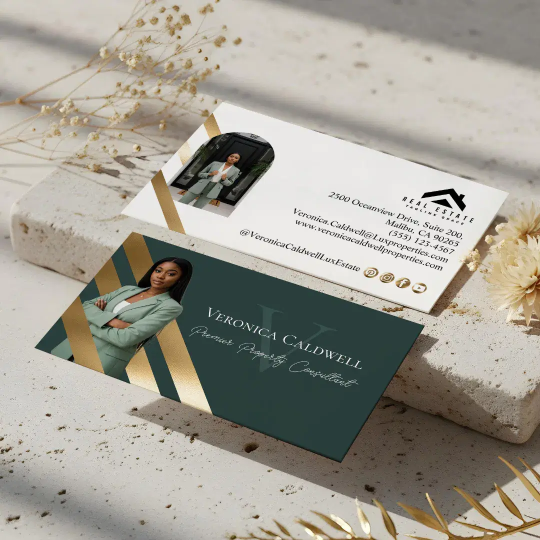 Gold Luxury Real Estate Agent Photo Monogram Luxe Green Business Card