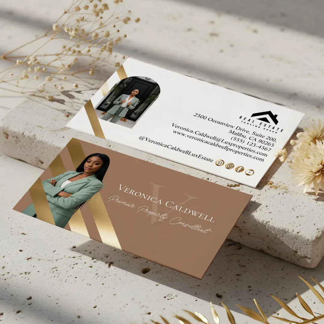 Gold Luxury Real Estate Agent Photo Monogram Luxe Brown Business Card
